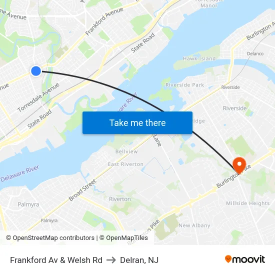 Frankford Av & Welsh Rd to Delran, NJ map