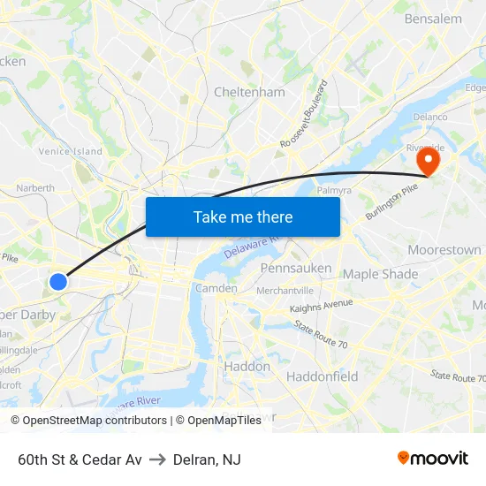 60th St & Cedar Av to Delran, NJ map