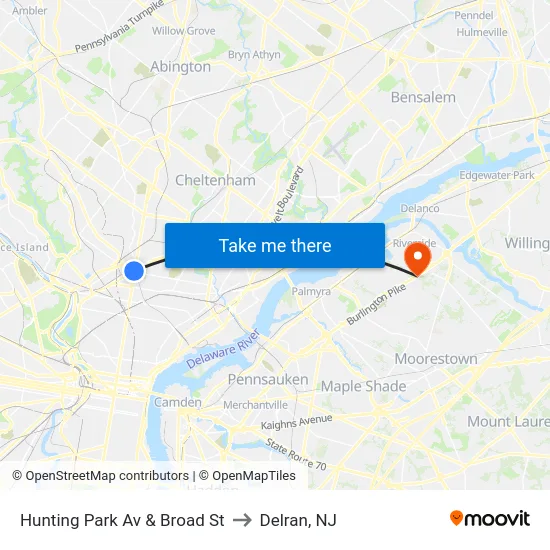 Hunting Park Av & Broad St to Delran, NJ map