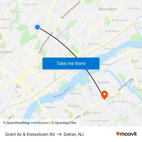 Grant Av & Krewstown Rd to Delran, NJ map