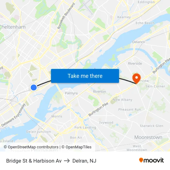 Bridge St & Harbison Av to Delran, NJ map