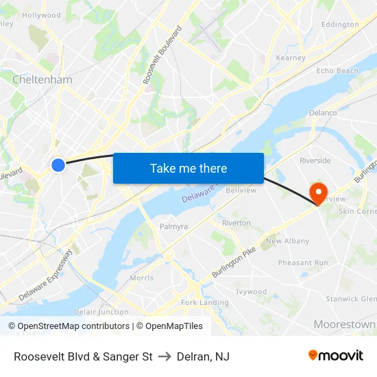 Roosevelt Blvd & Sanger St to Delran, NJ map