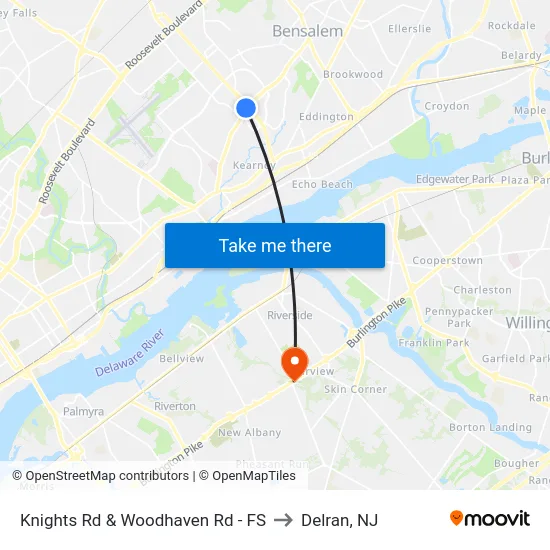 Knights Rd & Woodhaven Rd - FS to Delran, NJ map