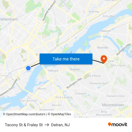 Tacony St & Fraley St to Delran, NJ map