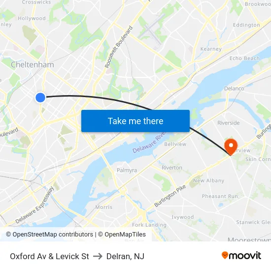 Oxford Av & Levick St to Delran, NJ map
