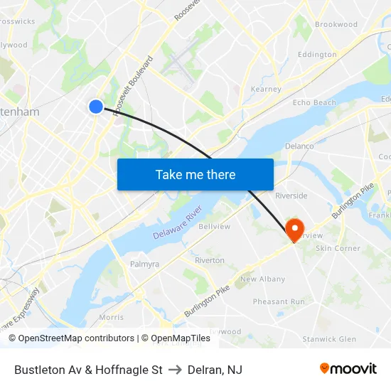 Bustleton Av & Hoffnagle St to Delran, NJ map