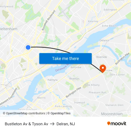 Bustleton Av & Tyson Av to Delran, NJ map