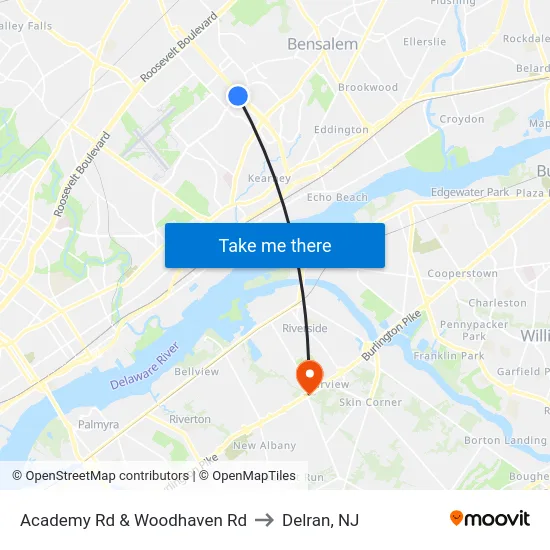 Academy Rd & Woodhaven Rd to Delran, NJ map