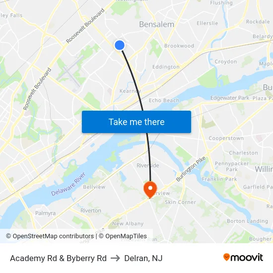Academy Rd & Byberry Rd to Delran, NJ map