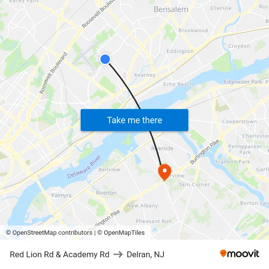 Red Lion Rd & Academy Rd to Delran, NJ map