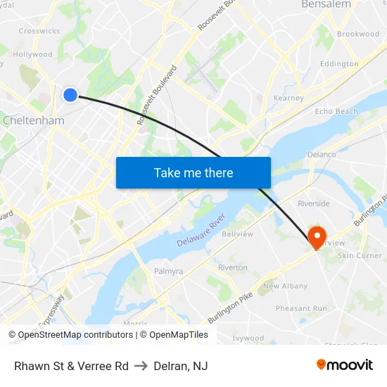 Rhawn St & Verree Rd to Delran, NJ map