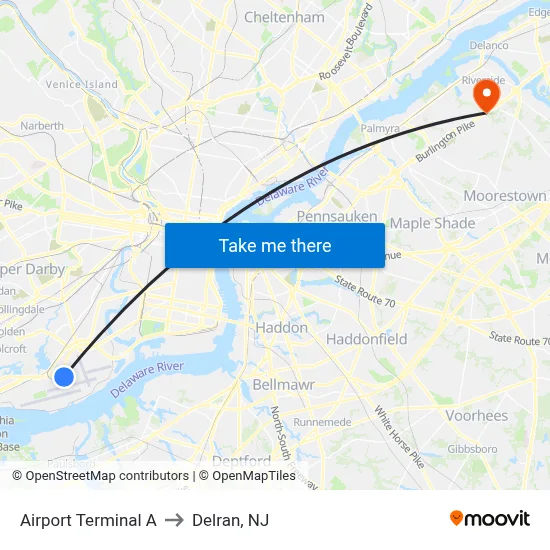 Airport Terminal A to Delran, NJ map