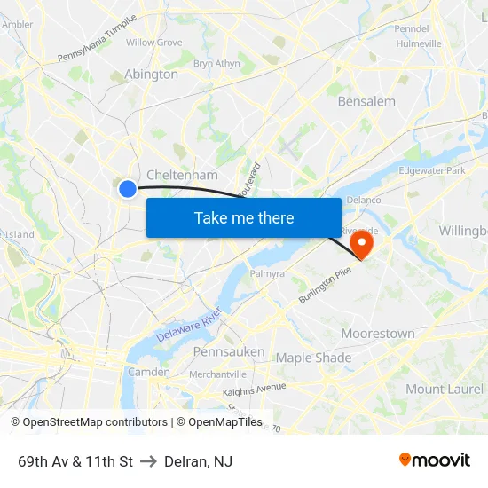 69th Av & 11th St to Delran, NJ map