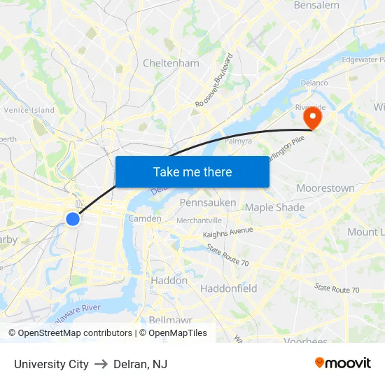University City to Delran, NJ map