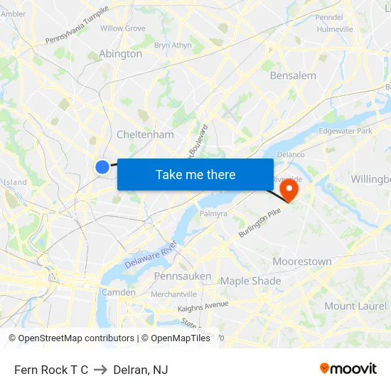 Fern Rock T C to Delran, NJ map
