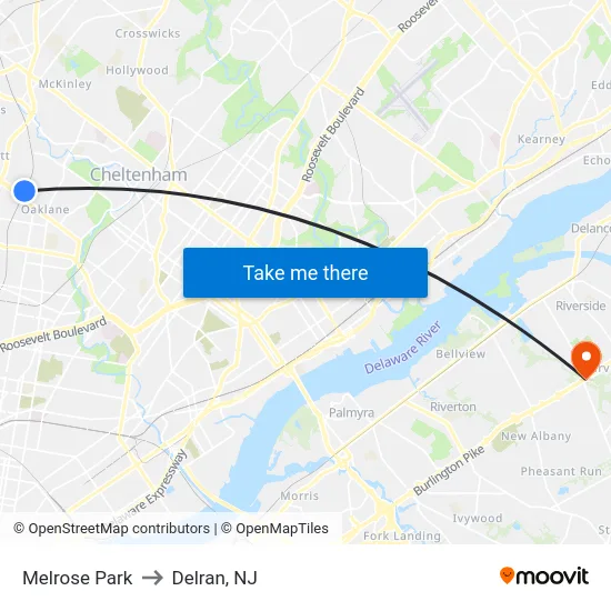 Melrose Park to Delran, NJ map