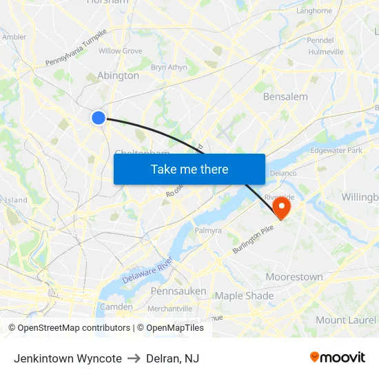 Jenkintown Wyncote to Delran, NJ map