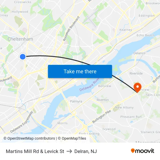 Martins Mill Rd & Levick St to Delran, NJ map