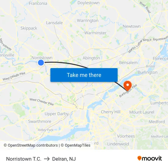 Norristown T.C. to Delran, NJ map