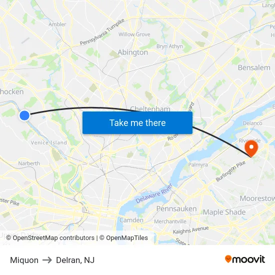 Miquon to Delran, NJ map