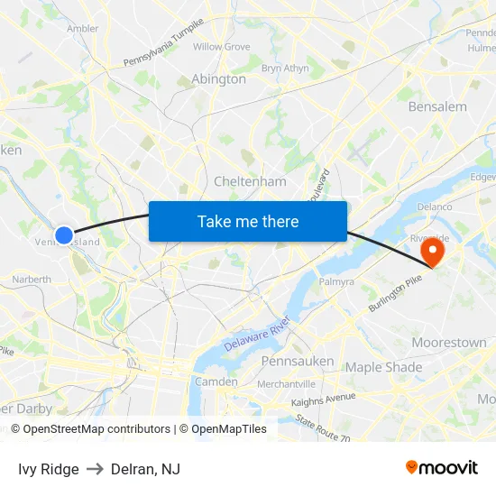 Ivy Ridge to Delran, NJ map