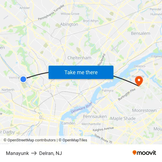 Manayunk to Delran, NJ map