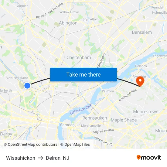 Wissahickon to Delran, NJ map