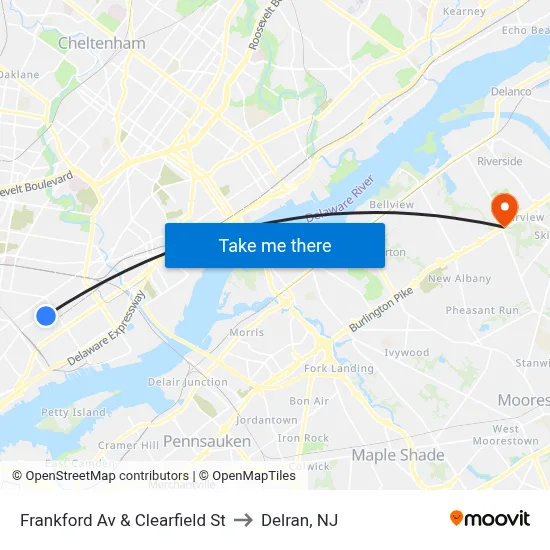 Frankford Av & Clearfield St to Delran, NJ map