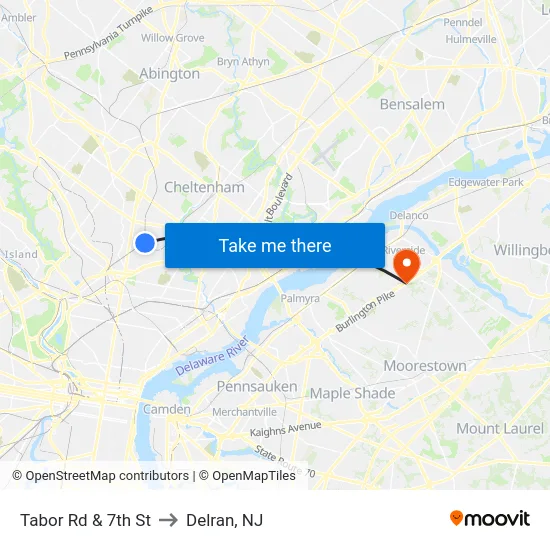 Tabor Rd & 7th St to Delran, NJ map