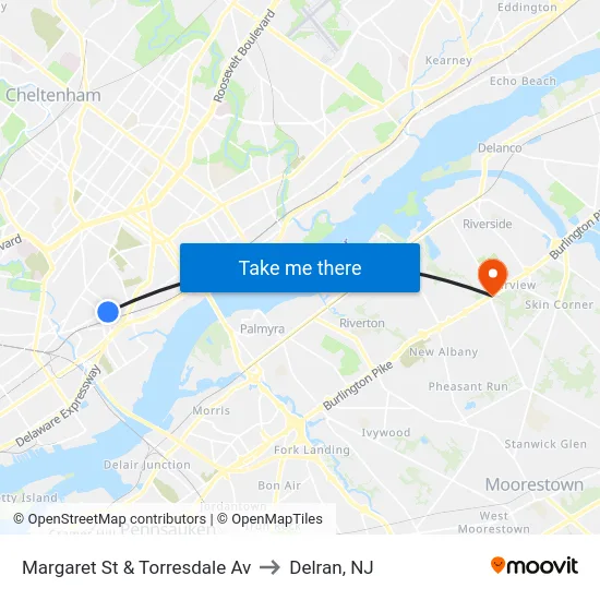 Margaret St & Torresdale Av to Delran, NJ map