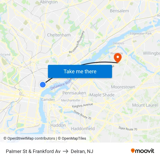 Palmer St & Frankford Av to Delran, NJ map
