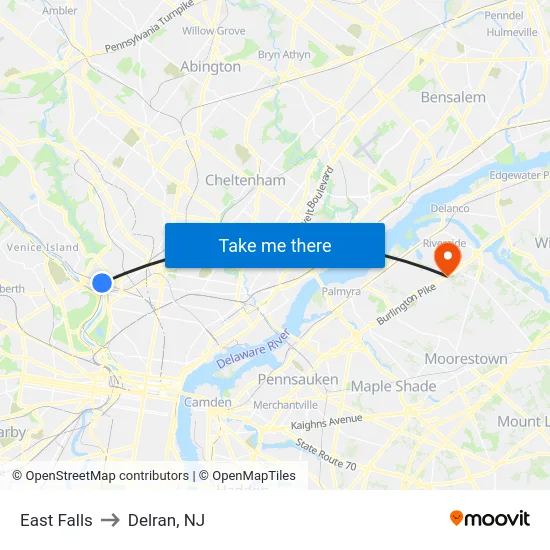 East Falls to Delran, NJ map