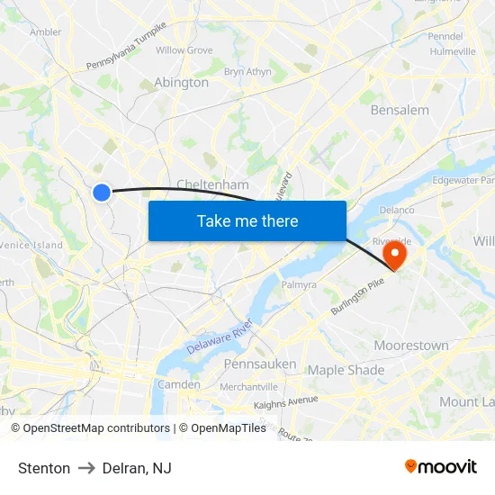 Stenton to Delran, NJ map
