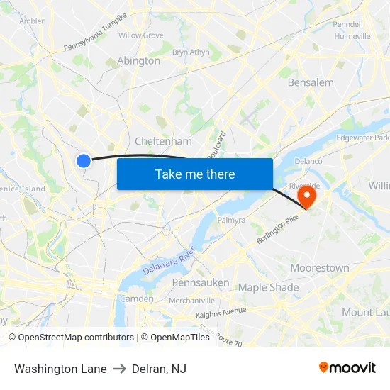 Washington Lane to Delran, NJ map