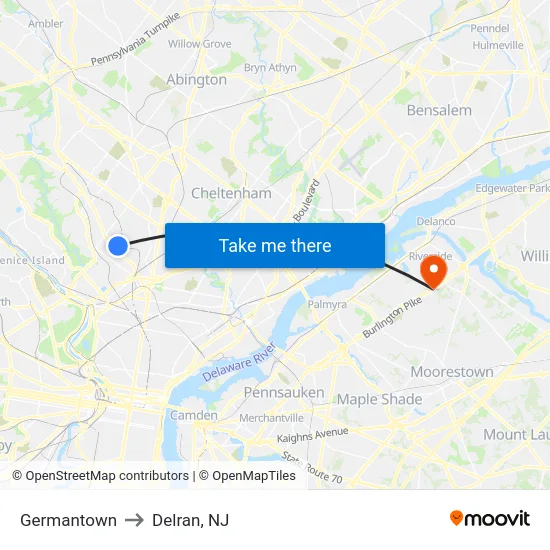 Germantown to Delran, NJ map