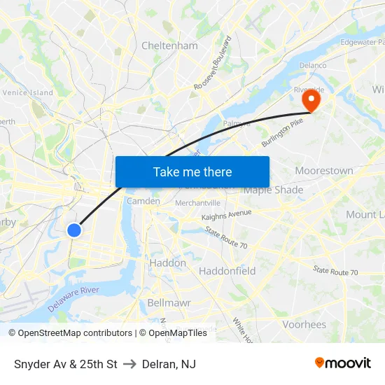 Snyder Av & 25th St to Delran, NJ map