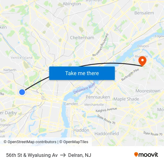 56th St & Wyalusing Av to Delran, NJ map