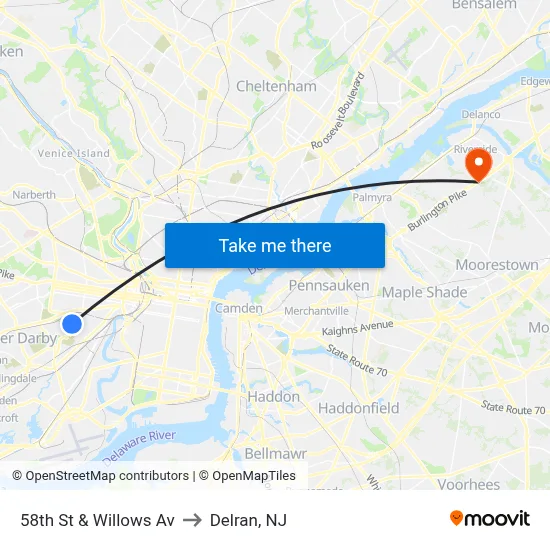58th St & Willows Av to Delran, NJ map