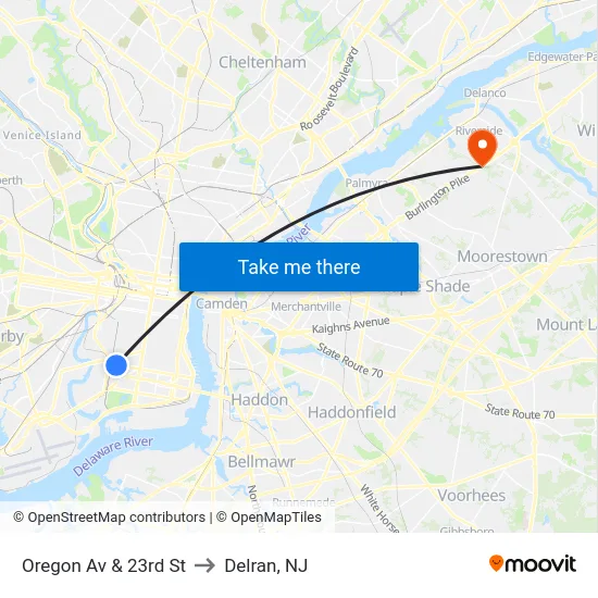 Oregon Av & 23rd St to Delran, NJ map