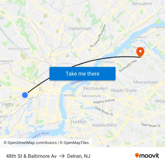 48th St & Baltimore Av to Delran, NJ map