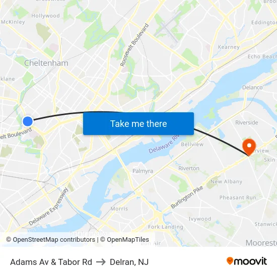 Adams Av & Tabor Rd to Delran, NJ map