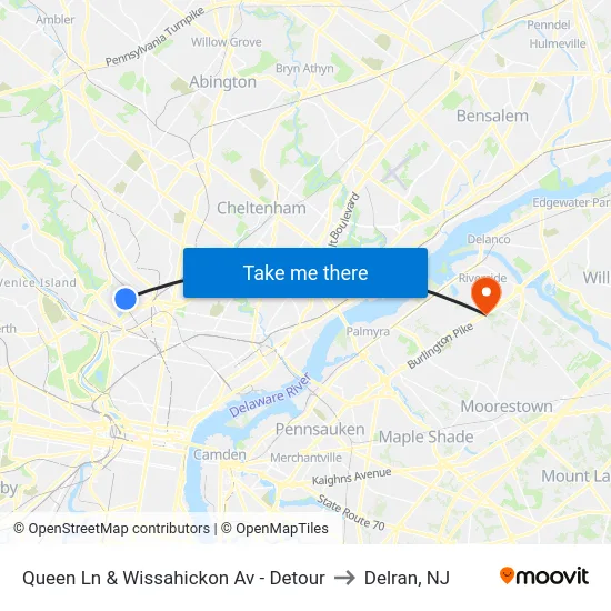 Queen Ln & Wissahickon Av - Detour to Delran, NJ map