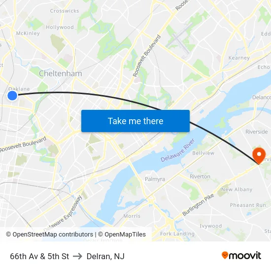 66th Av & 5th St to Delran, NJ map