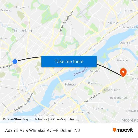 Adams Av & Whitaker Av to Delran, NJ map
