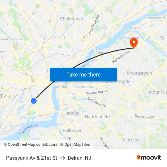Passyunk Av & 21st St to Delran, NJ map