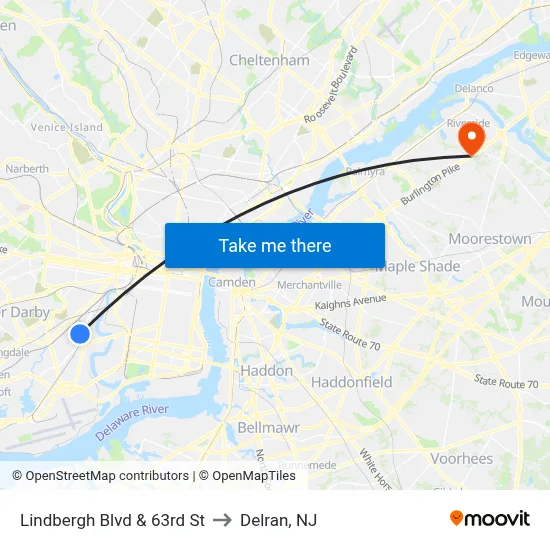 Lindbergh Blvd & 63rd St to Delran, NJ map