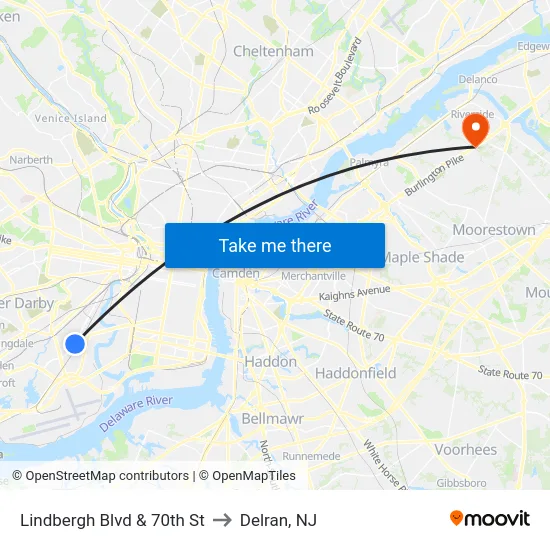 Lindbergh Blvd & 70th St to Delran, NJ map