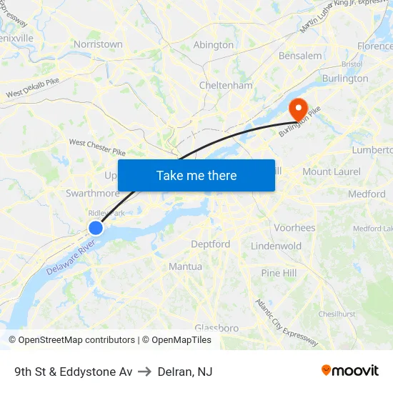 9th St & Eddystone Av to Delran, NJ map