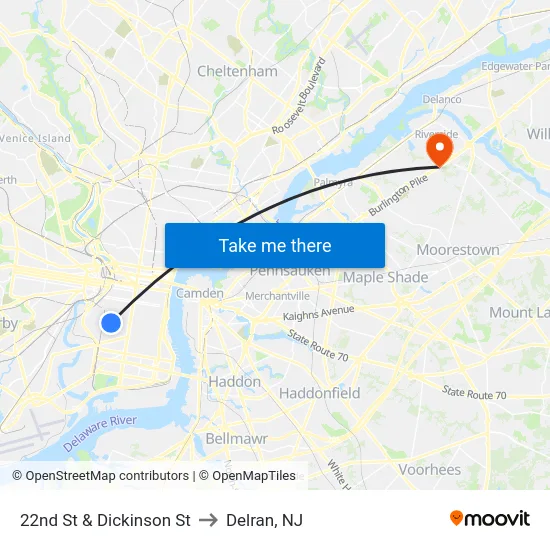 22nd St & Dickinson St to Delran, NJ map