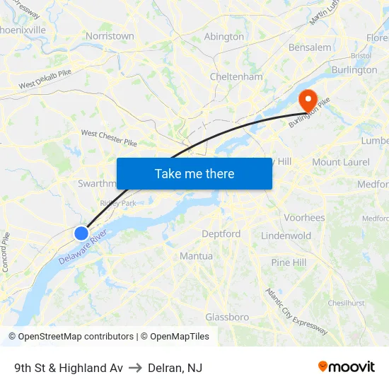 9th St & Highland Av to Delran, NJ map